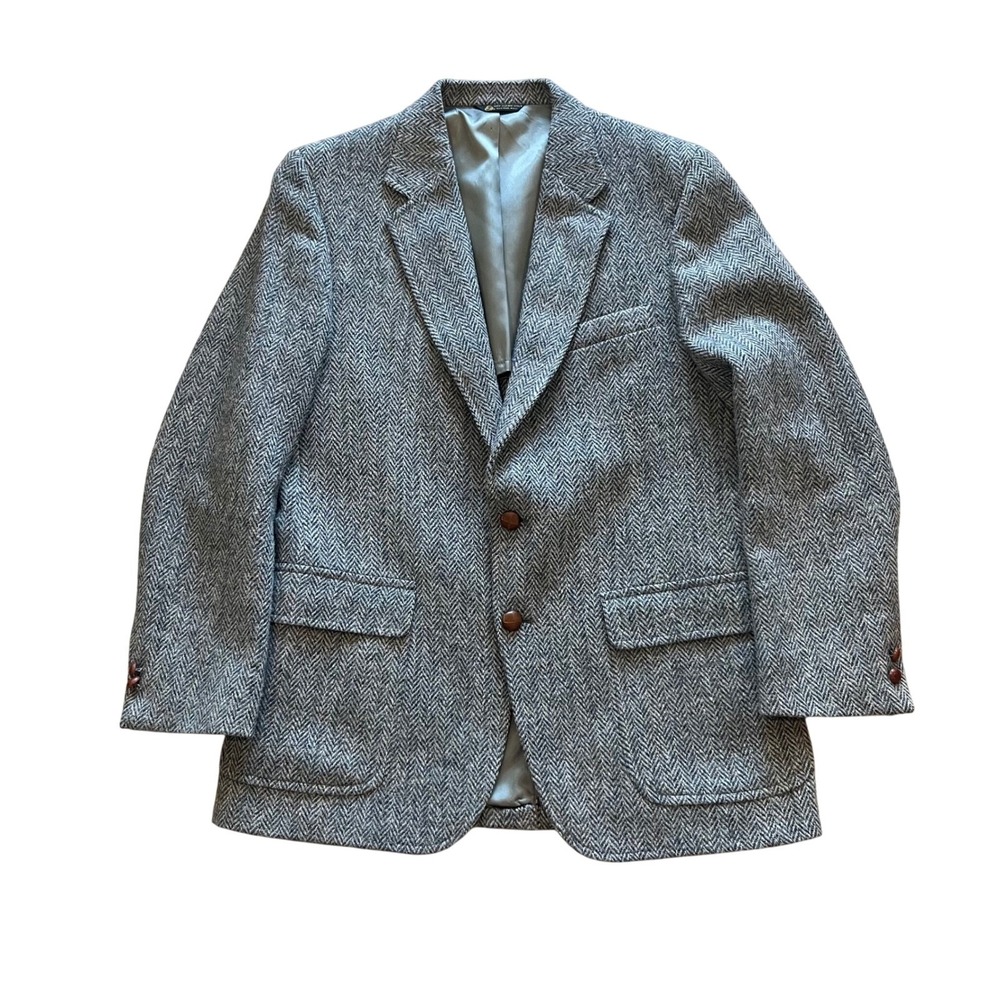 VTG PBM Harris Tweed Blazer Mens Grey Herringbone Wool Sport Coat Handwoven USA